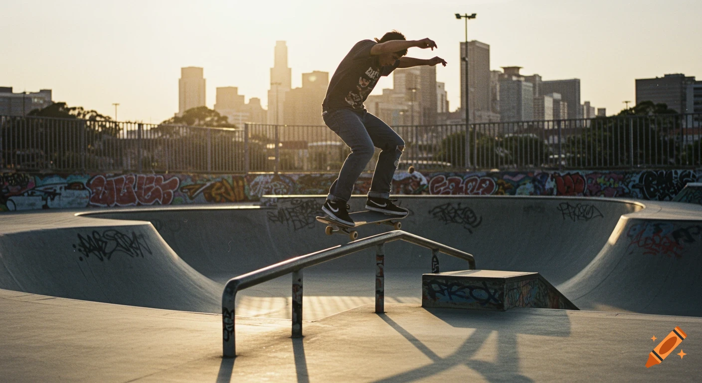 Skateboarder doing a board slide on a rail in a gritty urban skatepark at sunset, 90s skate film style.