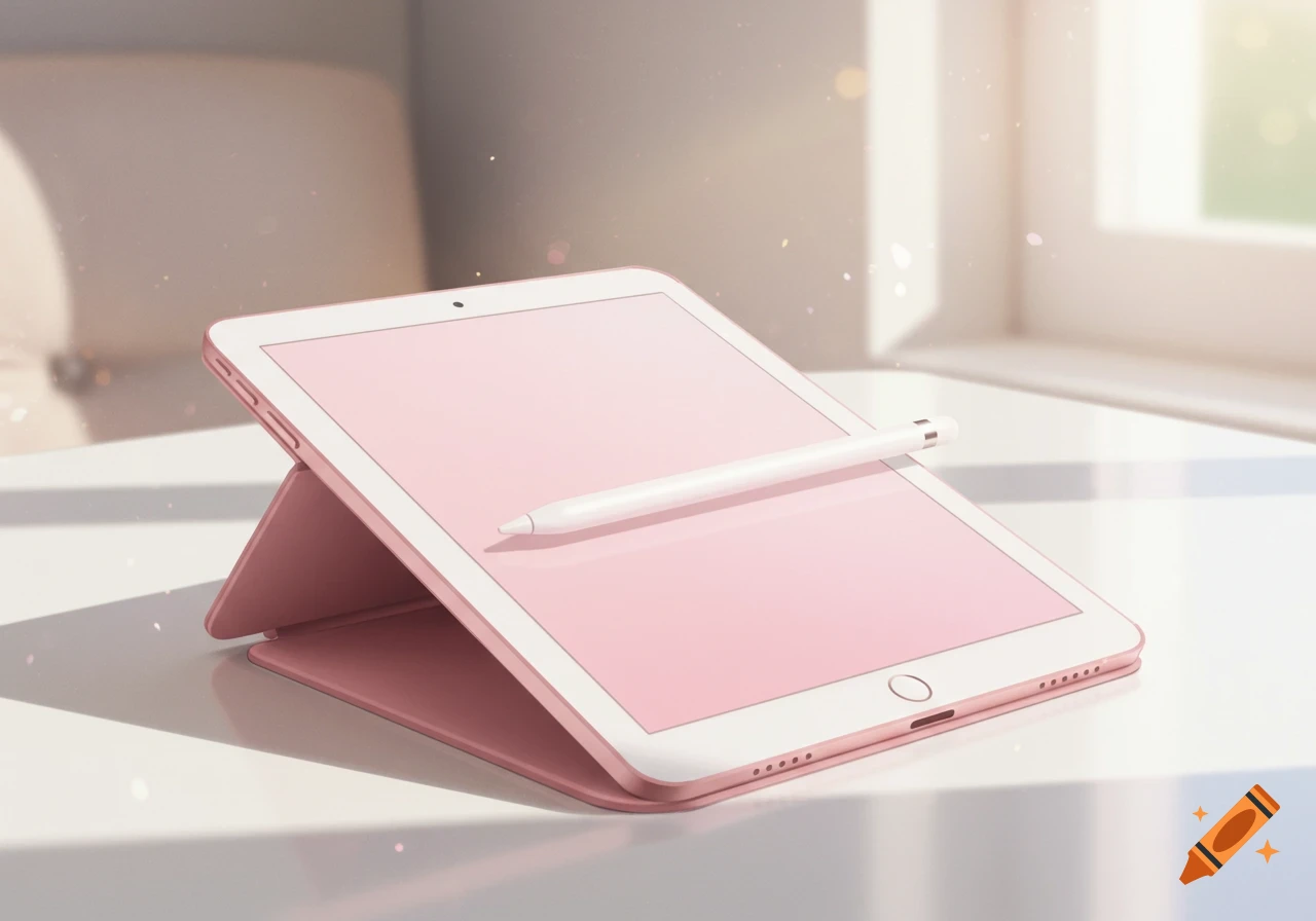 A cute pink iPad with a white Apple Pencil resting on its screen, on a white table in soft, natural lighting.