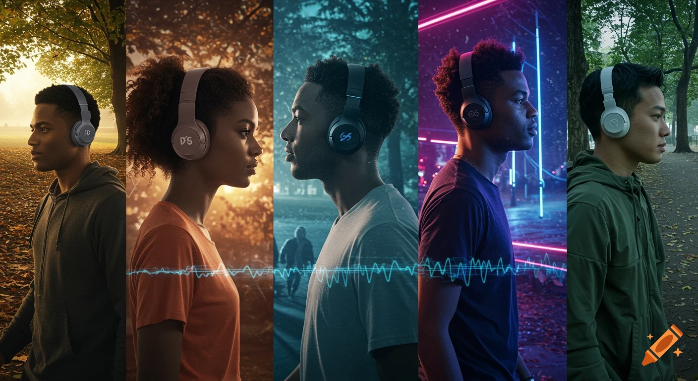 A collage of five individuals wearing headphones, walking through diverse settings including a sunny park, a forest, and a neon-lit city street, with a blue waveform graphic overlaid.