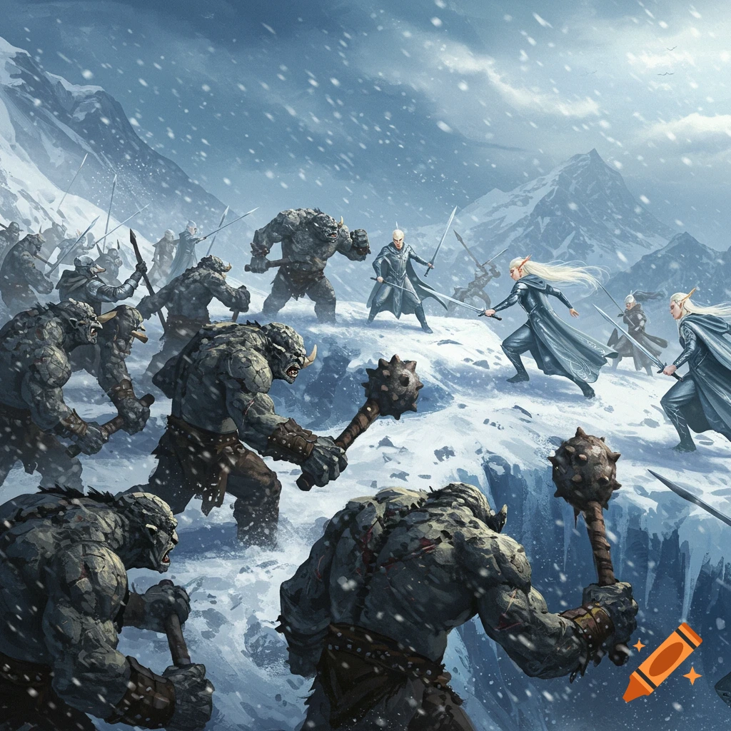 An epic fantasy illustration of a battle between elves and trolls on a snowy mountain in a blizzard.