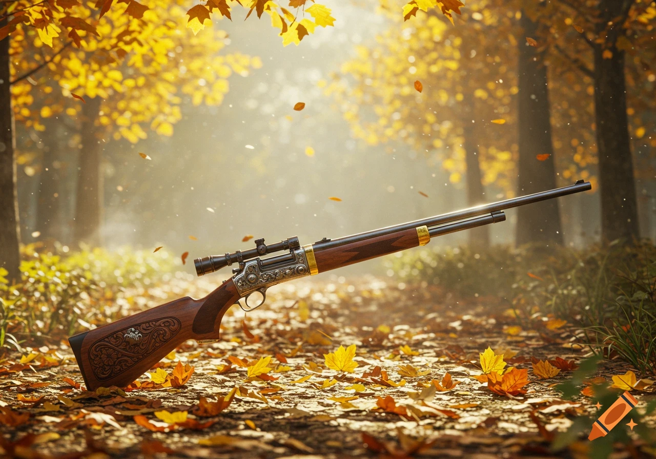 A detailed rifle with a scope lies on a forest floor covered in autumn leaves, bathed in soft sunlight.