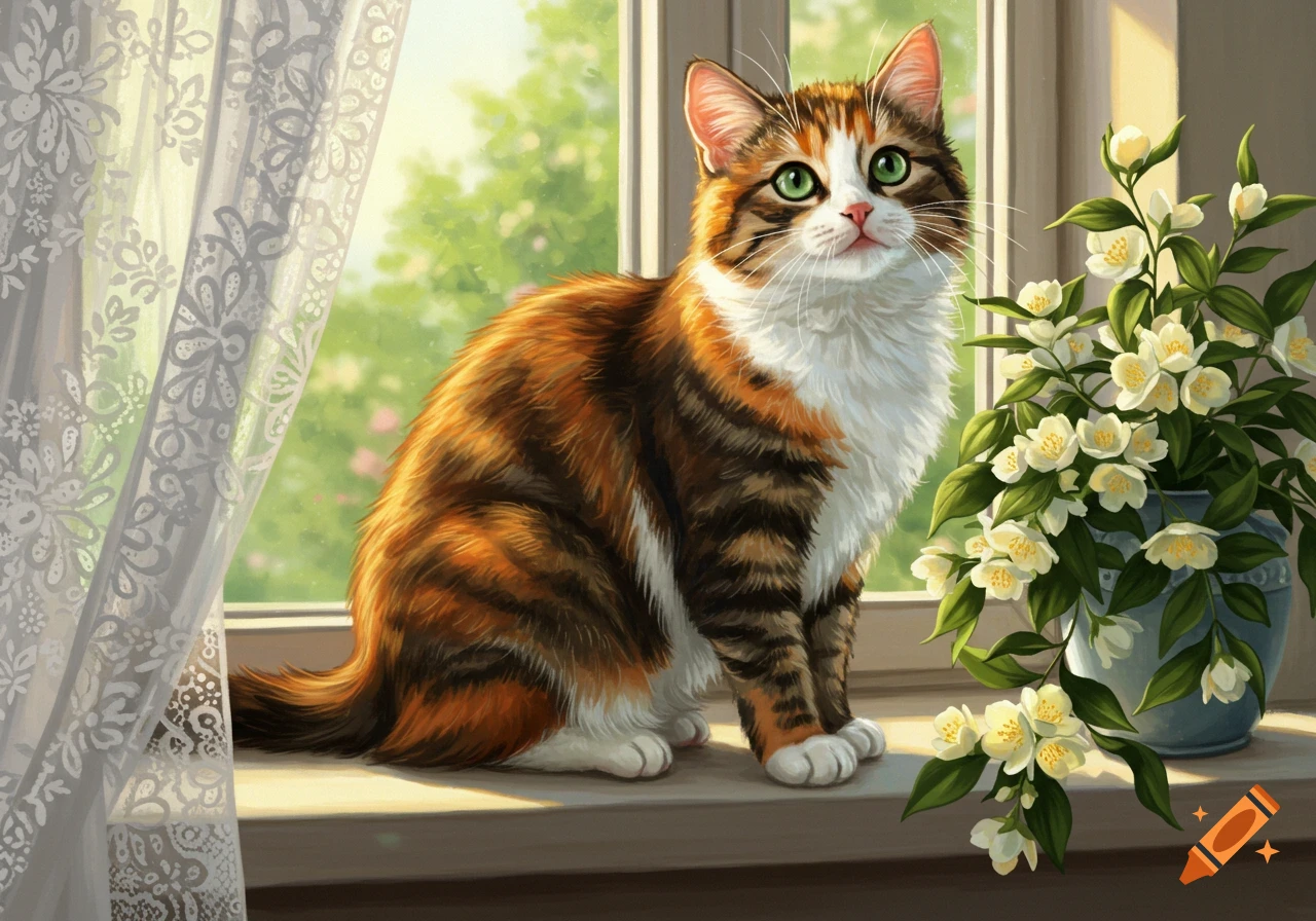 A cute calico cat with green eyes sits on a sunlit windowsill next to white flowers and lace curtains, in a painterly style.