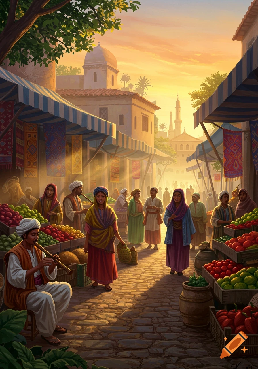 Illustrated market scene at sunset with people, fruit stalls, traditional buildings, and a flutist.
