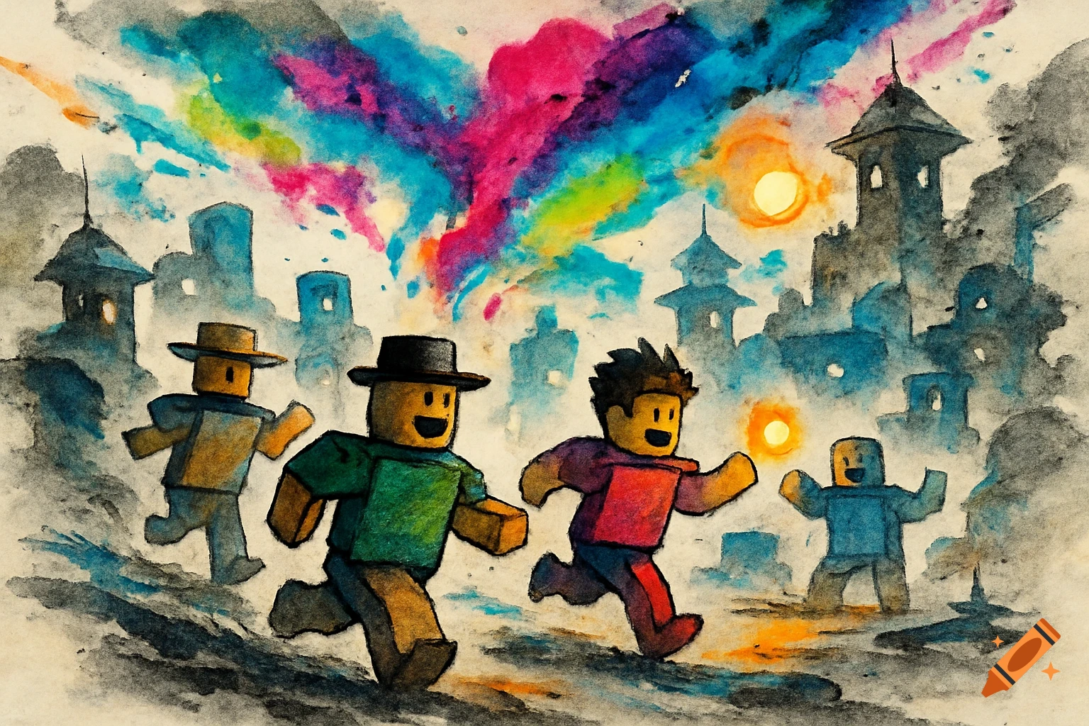 Watercolor painting of blocky, Roblox-like characters running through a vibrant, colorful city under a bursting sky.