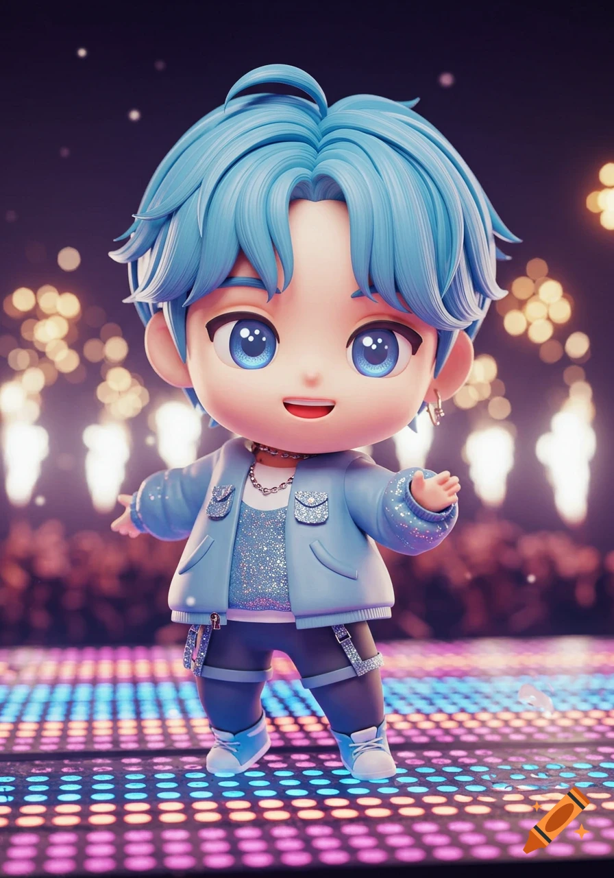A cute 3D chibi boy with blue hair and sparkling blue outfit stands on a lit-up stage.