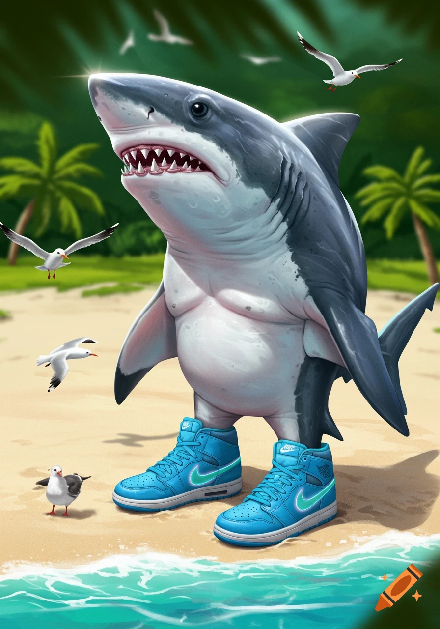 A cartoonish shark wearing blue Nike sneakers stands on a sandy beach next to the ocean, with seagulls and palm trees in the background.
