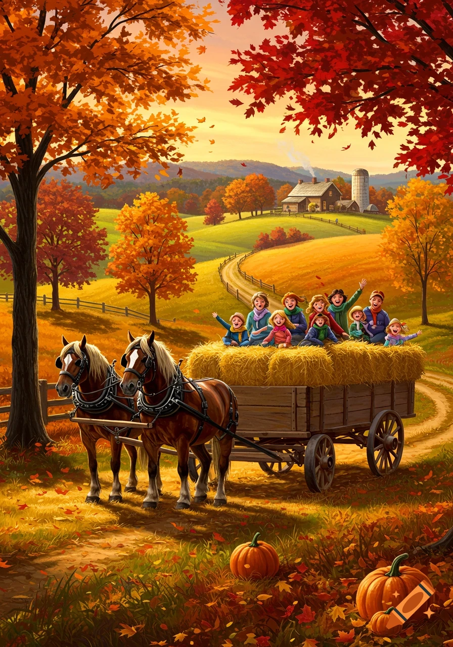Vibrant illustration of a hayride: Two horses pull a wagon filled with waving children and adults through a colorful autumn farm scene with pumpkins.