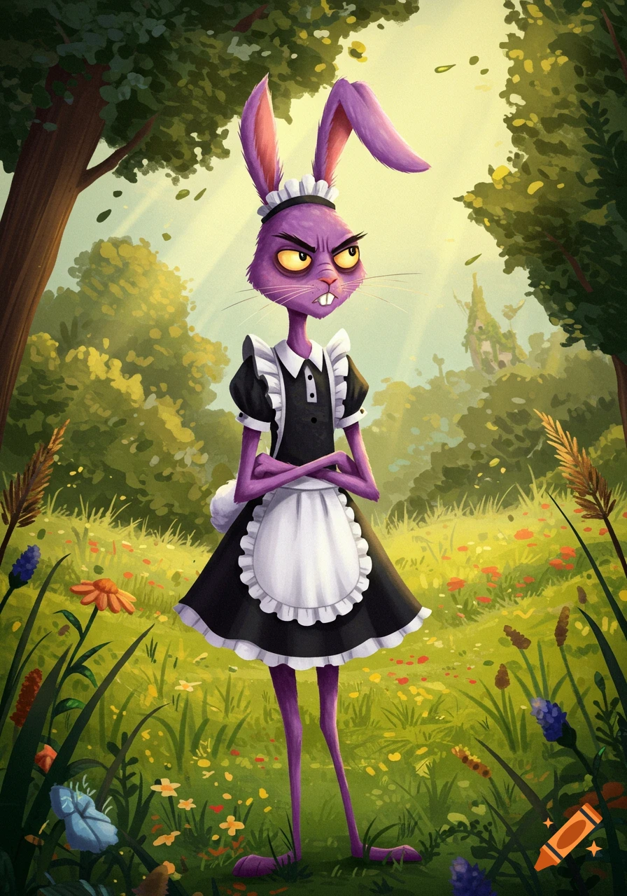 A tall, skinny purple rabbit with yellow eyes and an annoyed expression wears a black and white maid dress in a sunny, grassy forest, cartoon style.