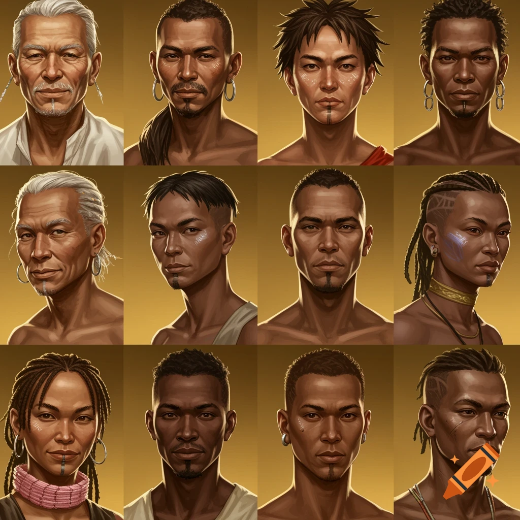 A grid of twelve stylized fantasy art portraits depicting diverse human characters with varied hairstyles, facial features, and skin tones.