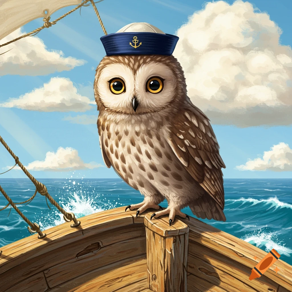 A cute cartoon owl wearing a blue sailor hat with a golden anchor, standing on the wooden bow of a boat at sea under a blue sky with clouds.