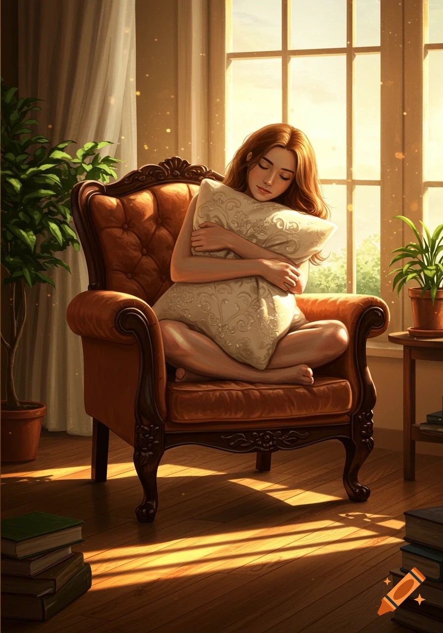 A serene woman with long auburn hair sits cross-legged in a brown armchair, hugging a patterned pillow, bathed in warm sunlight from a large window.