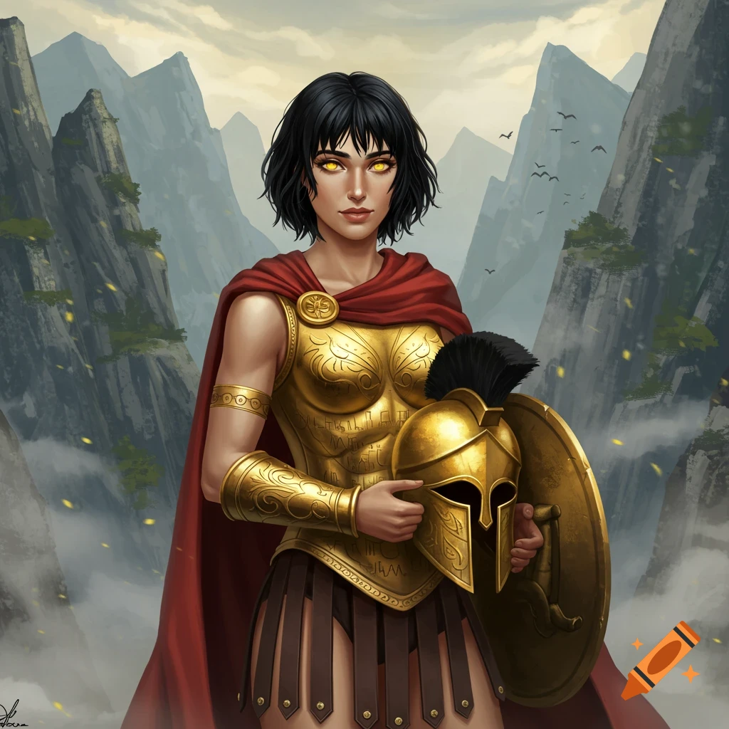 Illustrated female Spartan warrior with black hair and golden eyes, in golden armor and red cape, holding a helmet and shield in misty mountains.