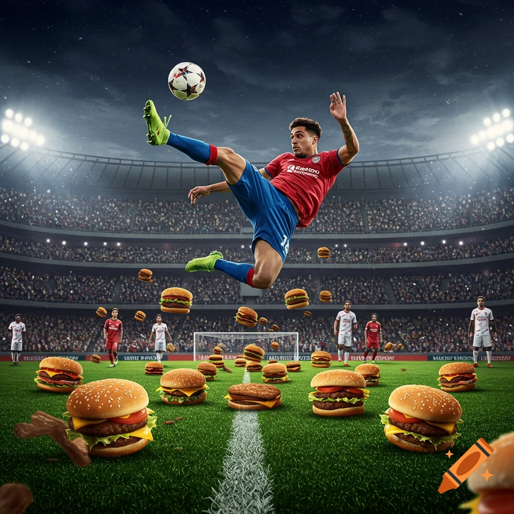 A photorealistic image of a footballer performing a bicycle kick on a pitch covered with many burgers, under a stadium with bright lights.