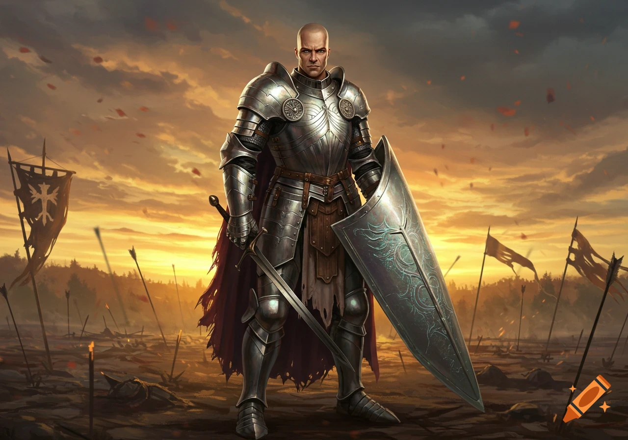 A bald knight in shining plate armor stands holding a sword and an elongated shield on a battlefield at sunset.