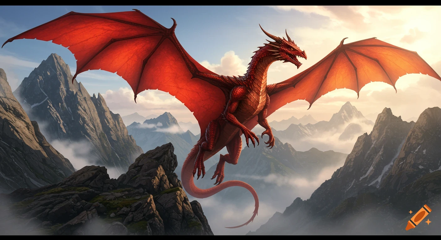 A majestic red dragon with large wings soars above a cloudy, rocky mountain range under a bright sky.