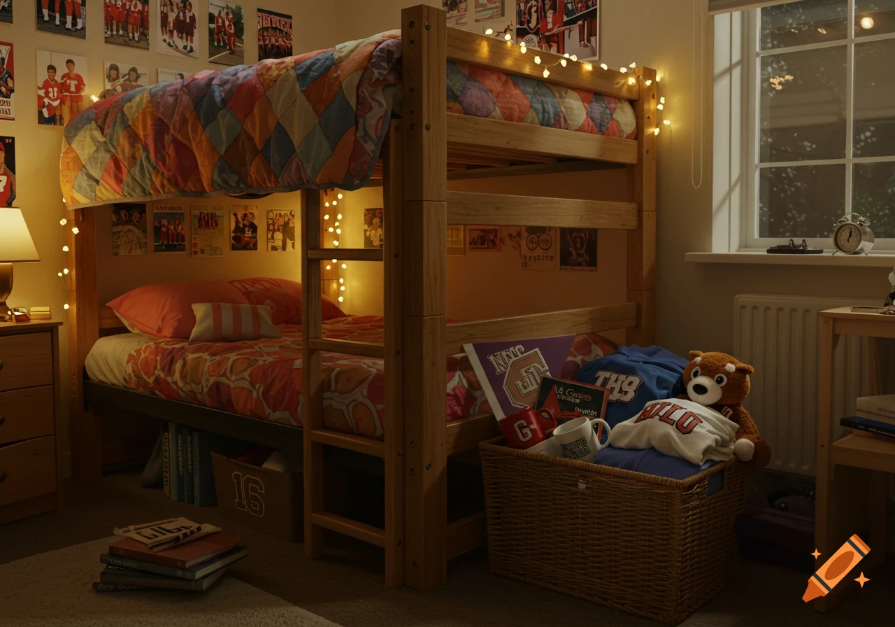 A cozy dorm room with wooden bunk beds, string lights, a colorful quilt, and a basket of dorm merchandise.