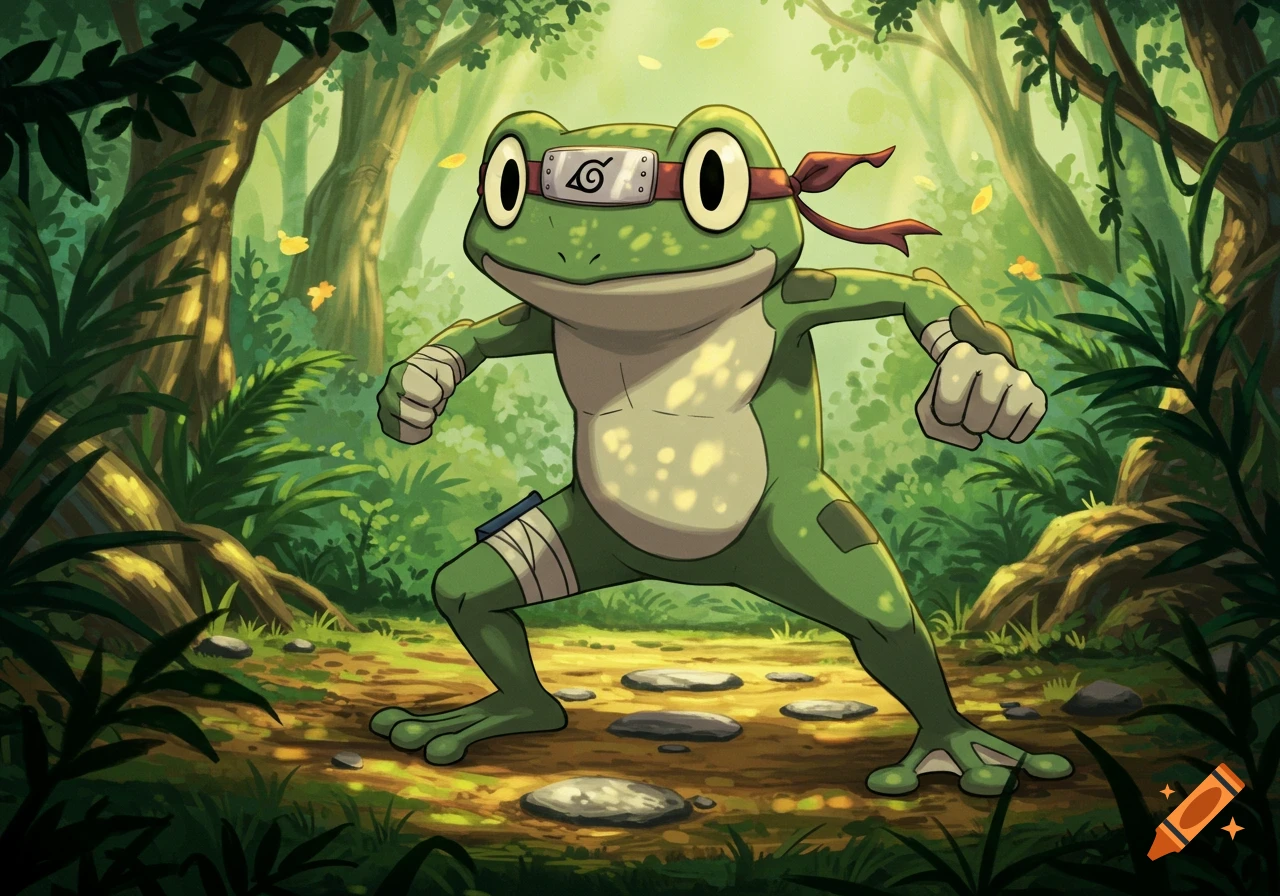 A cartoon green frog in a ninja headband and wraps, striking a pose in a lush forest, in anime style.