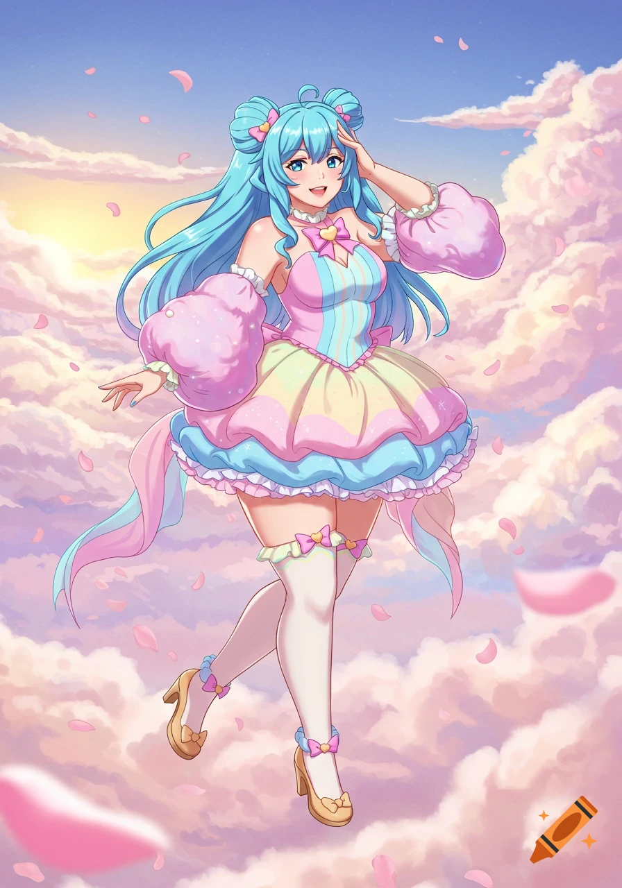 Anime girl with blue hair in a pastel dress, floating amidst pink and purple clouds with falling petals, anime illustration.