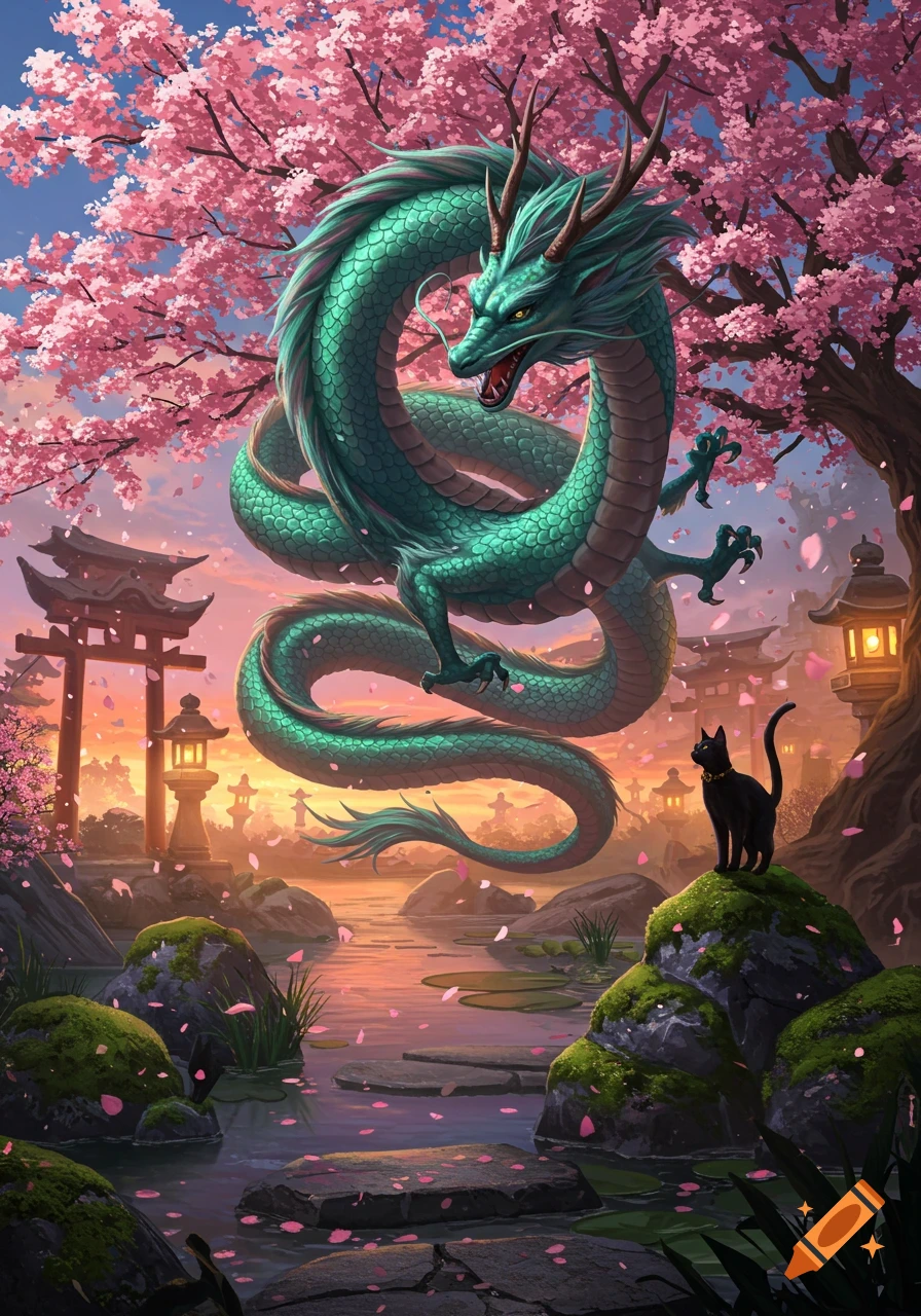 A vibrant green dragon and a black cat in a Japanese garden with pink cherry blossoms, torii gates, and a pond at sunset. Illustrative.