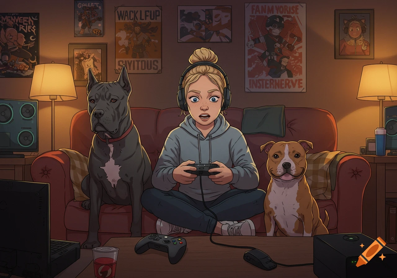 A blonde cartoon woman with a bun and headphones sits on a couch between a grey dog and a brown dog, playing a video game.