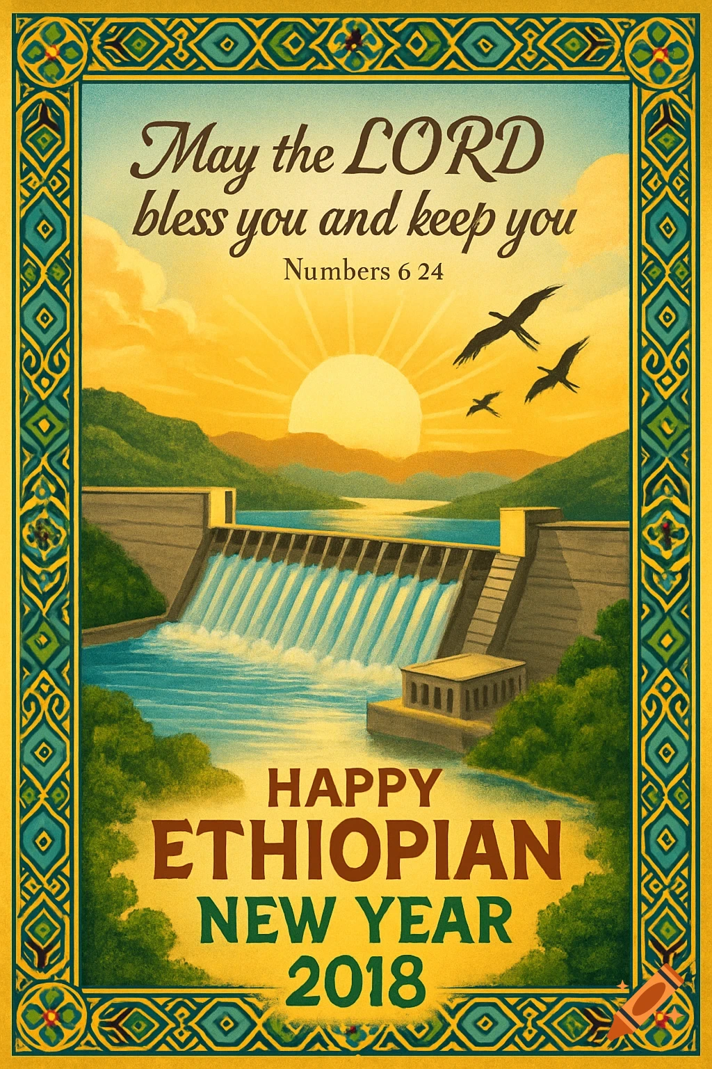Vintage-style Ethiopian New Year greeting card with a dam, mountains, sunset, birds, and religious text.
