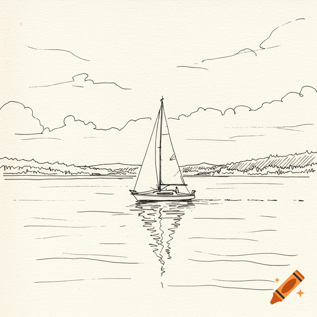 Black and white line drawing of a sailboat on calm water with reflections, distant land, and clouds in the sky.