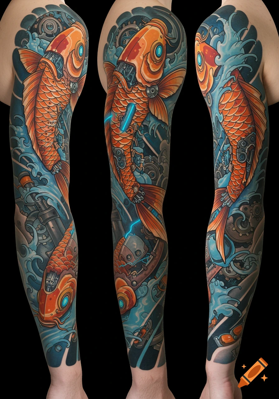 A vibrant, detailed full arm sleeve tattoo featuring orange biomechanical koi fish swimming amidst blue waves and gears.