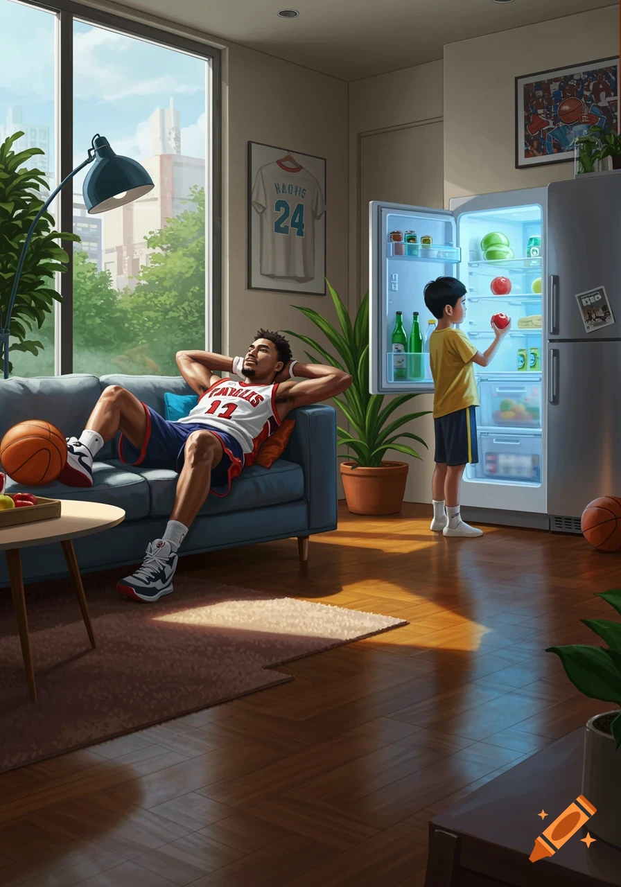 A basketball player relaxes on a couch while an Asian boy takes an apple from an open refrigerator in a sunny living room.