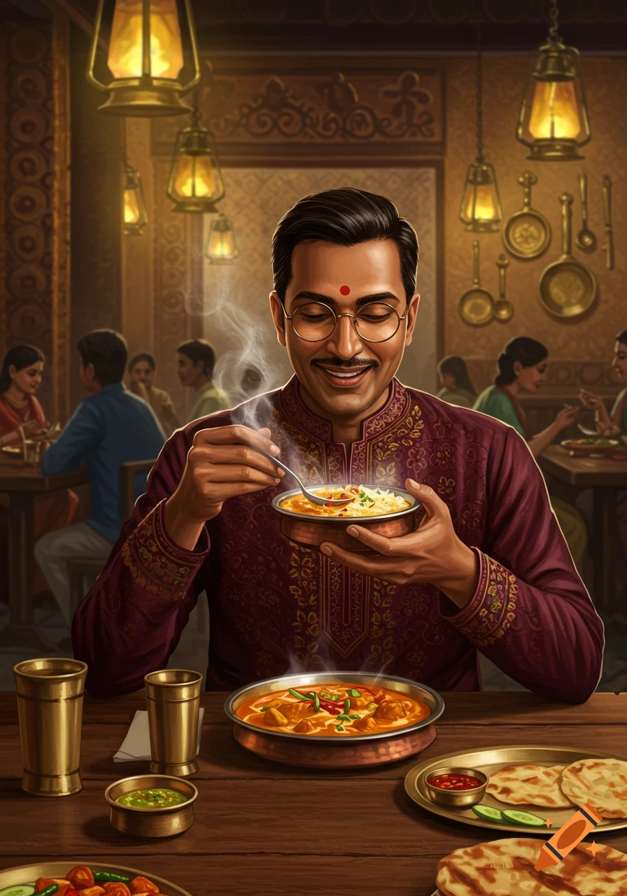 A man in traditional Indian attire happily eats a steaming bowl of curry and rice at a restaurant table filled with other Indian dishes.