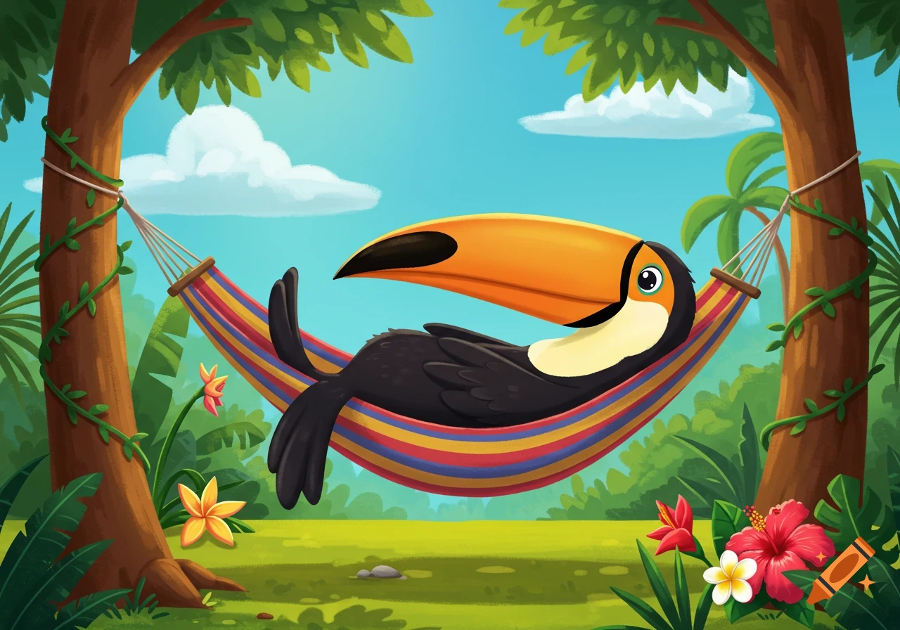 Cartoon toucan relaxing in a vibrant, striped hammock strung between two trees in a lush tropical jungle.