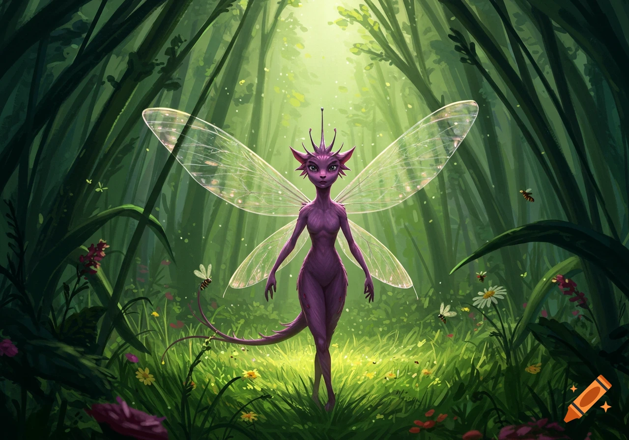 A purple, insectoid-like fairy creature with large translucent wings stands in a lush, sun-dappled green forest.