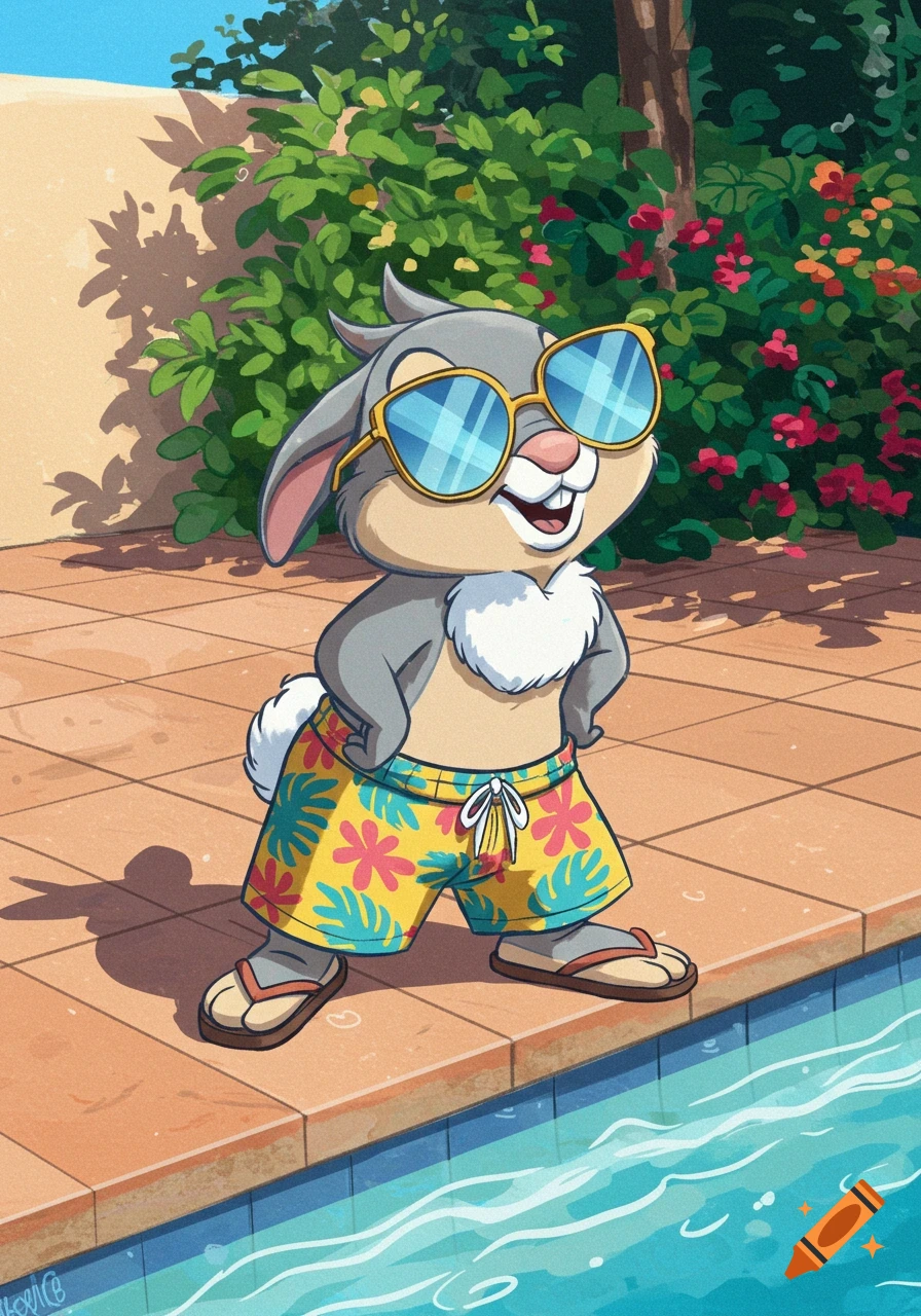 Cartoon of Thumper wearing yellow floral swim shorts, blue sunglasses, and flip-flops, smiling by a swimming pool.