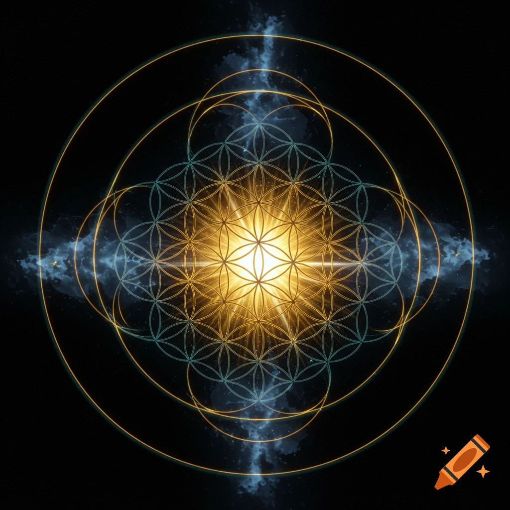 A glowing golden Flower of Life geometric pattern centered on a dark cosmic background with blue nebulae.