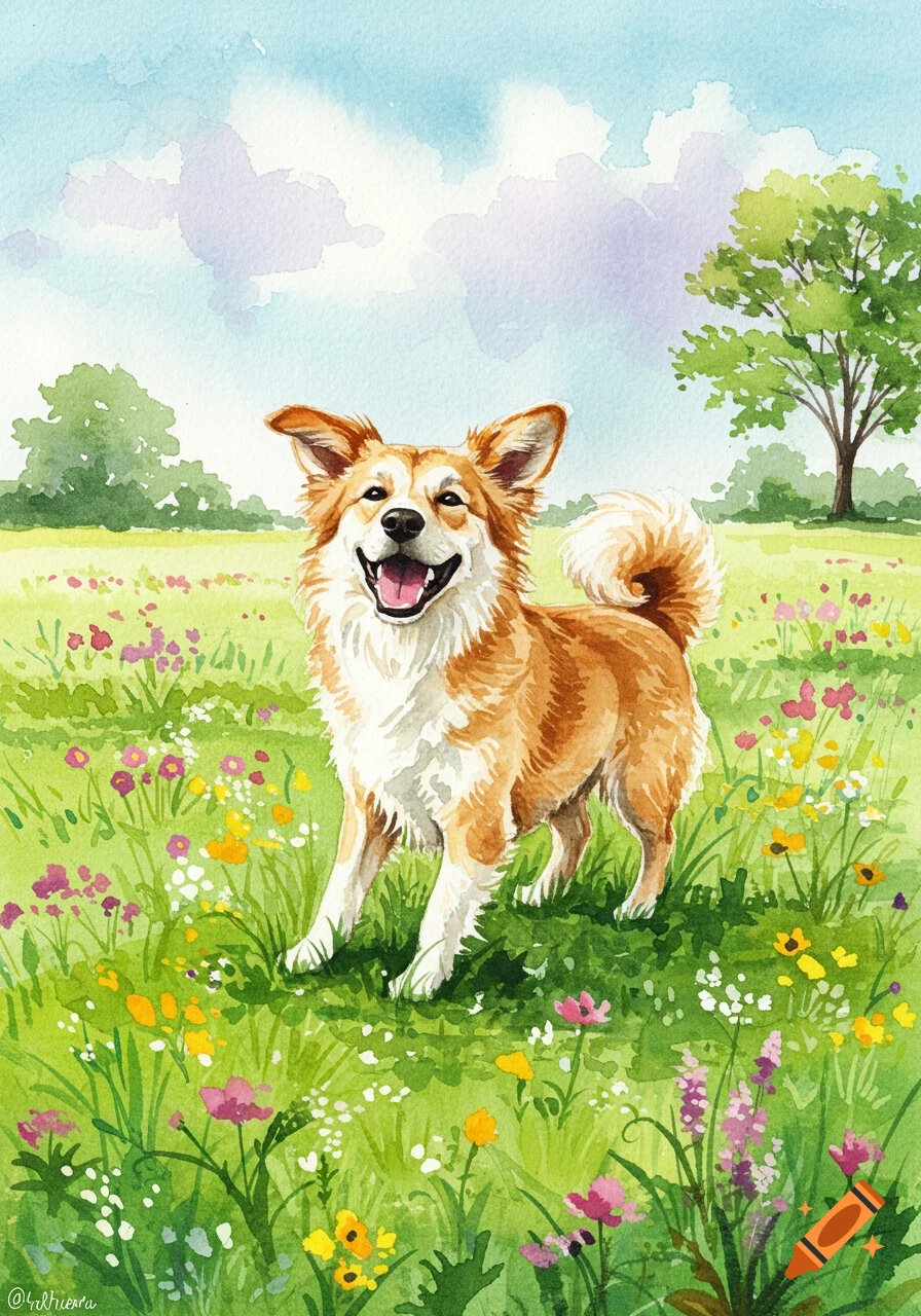 A happy dog with golden fur and white markings stands in a vibrant green meadow filled with colorful wildflowers, painted in a watercolor style.