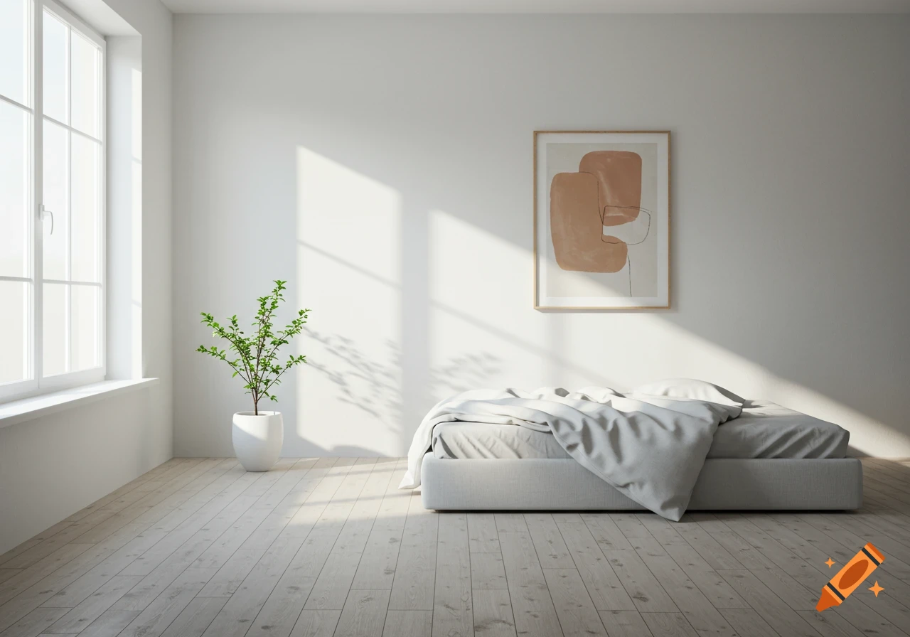 A minimalist bedroom with white walls, a large window, a potted plant, a bed with grey bedding, and abstract art.