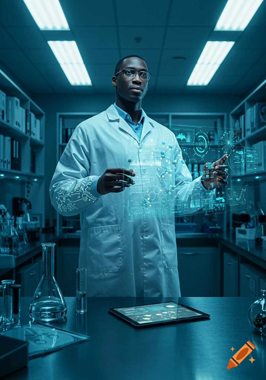 Photorealistic image of a male scientist in a lab coat interacting with a holographic display showing data and molecular structures.