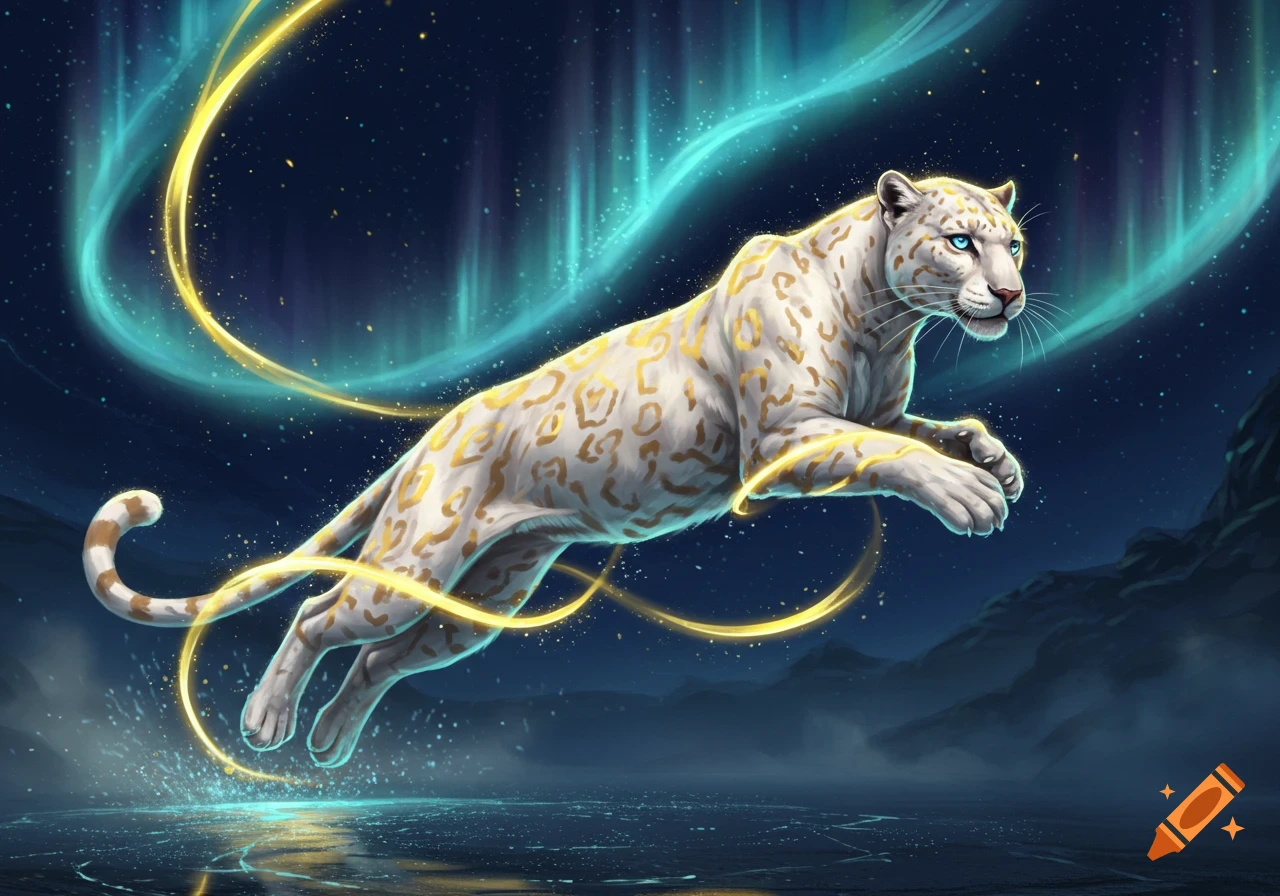 A white panther with golden markings and blue eyes leaps under a starry sky with glowing blue and gold ribbons of light. Fantasy art.