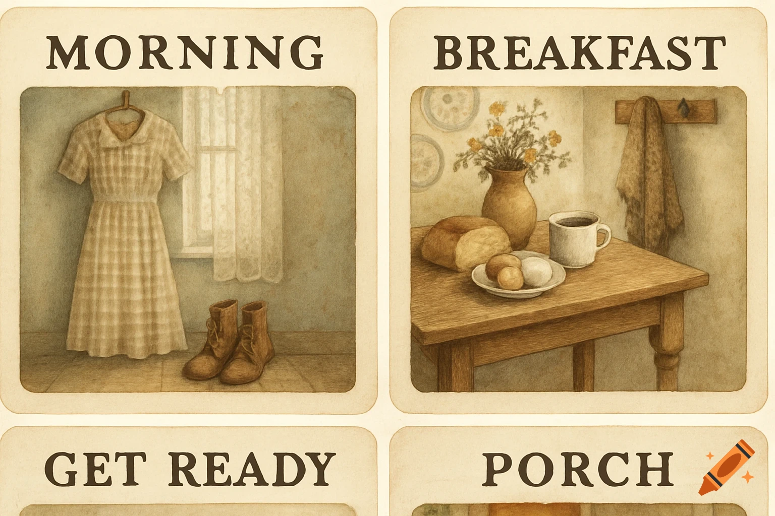Four cottage farmhouse style illustrated routine cards, showing 'MORNING' with a dress and boots, and 'BREAKFAST' with food on a table.