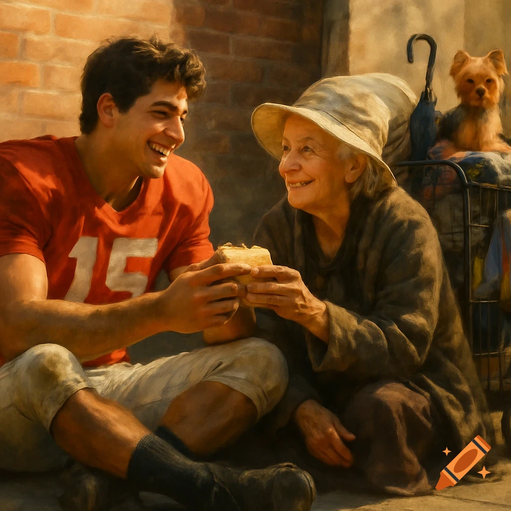 A smiling football player in a red #15 jersey shares a sandwich with an elderly woman, with a dog on a cart. Painterly style.