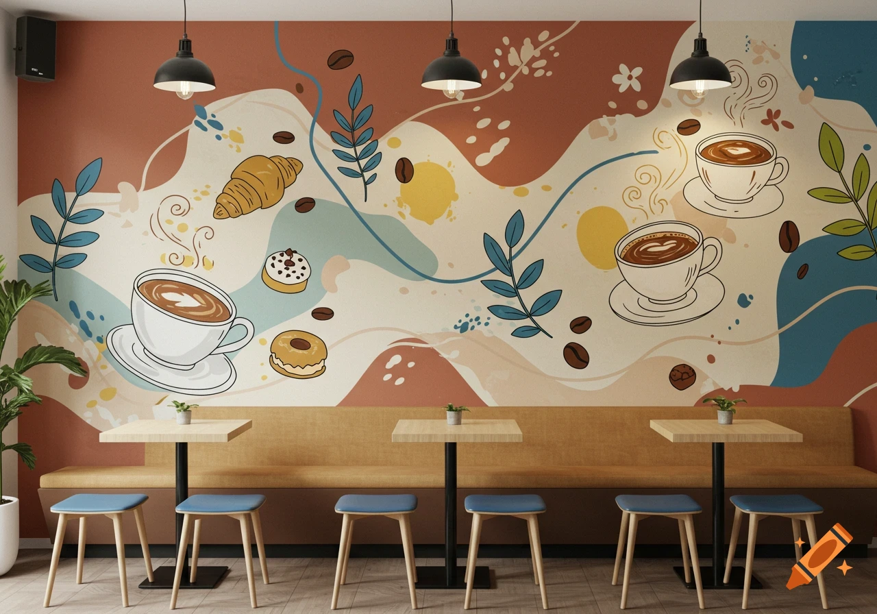 Cafe interior with a long wooden bench, small tables, and a whimsical mural featuring coffee cups, croissants, donuts, and leaves.