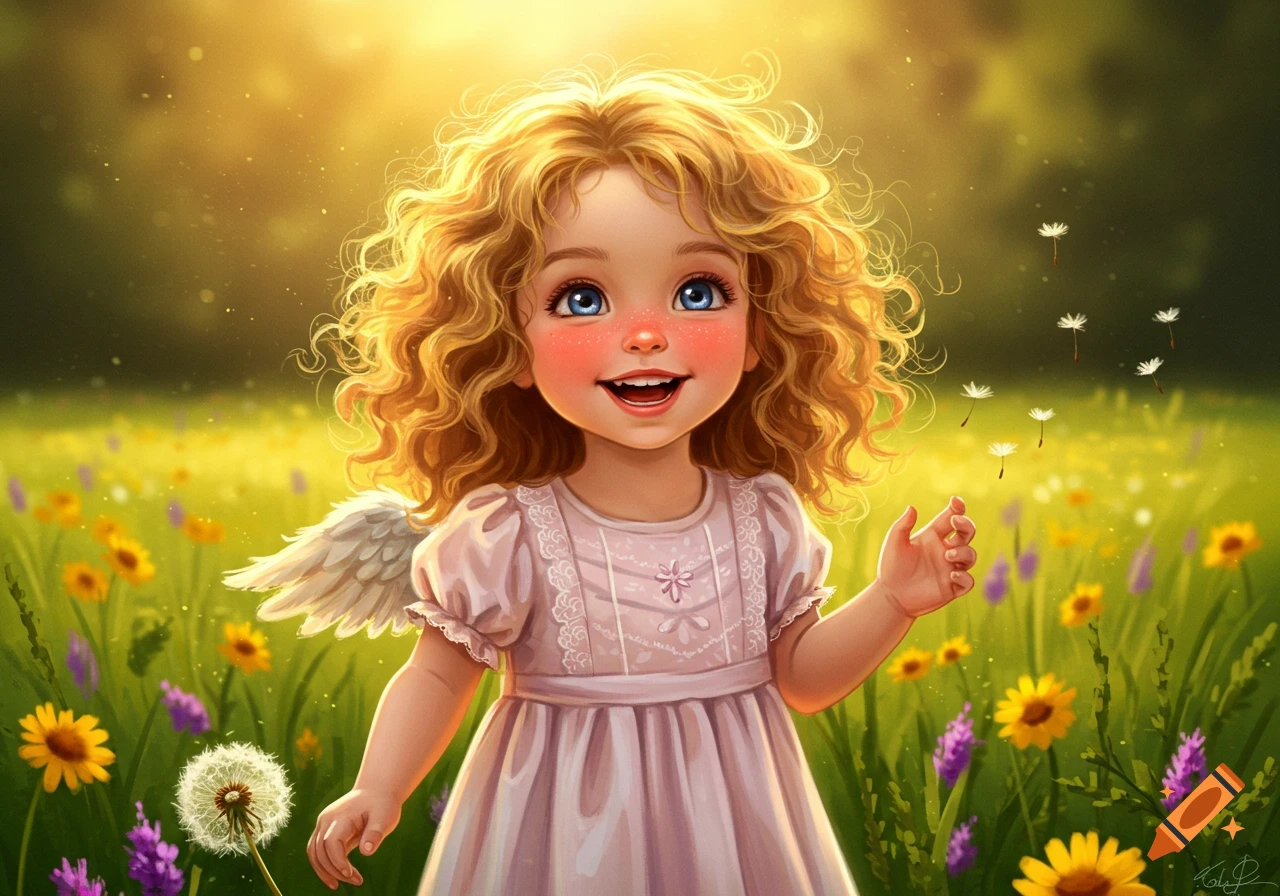 A happy cartoon girl with blonde curly hair and small angel wings smiles in a sunny flower field as dandelion seeds float around her. Illustration style.