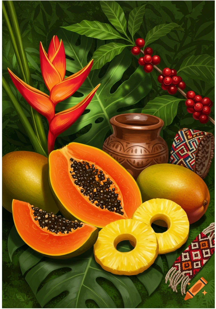 Illustrative still life of tropical fruits, red heliconia flower, coffee berries, clay pot, and woven fabric on green leaves.