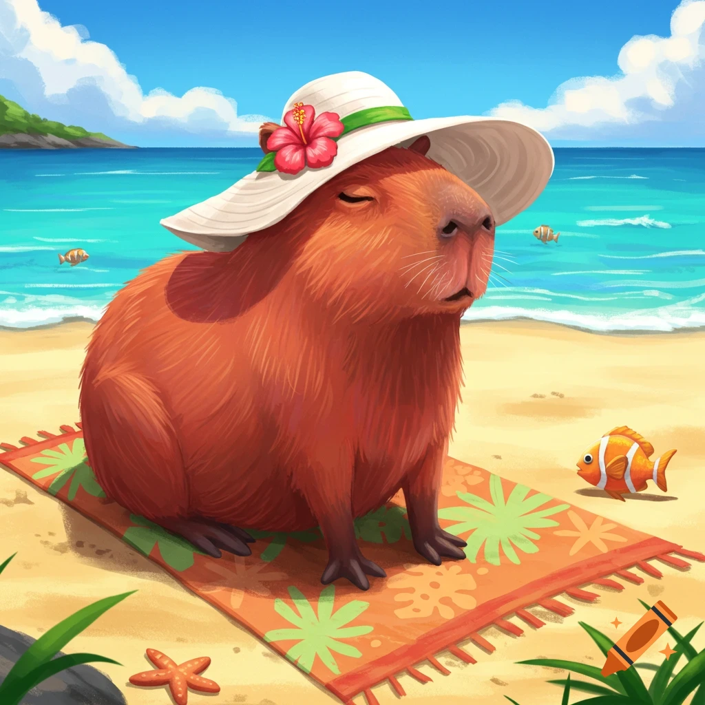 A cute capybara wearing a sun hat sits on an orange patterned beach towel on a sunny sandy beach with blue ocean and fish.