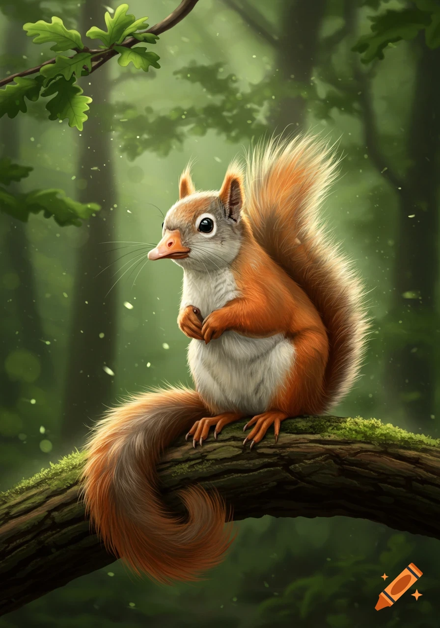 A cute, cartoonish squirrel-goose hybrid with a long tail sits on a mossy tree branch in a lush green forest.