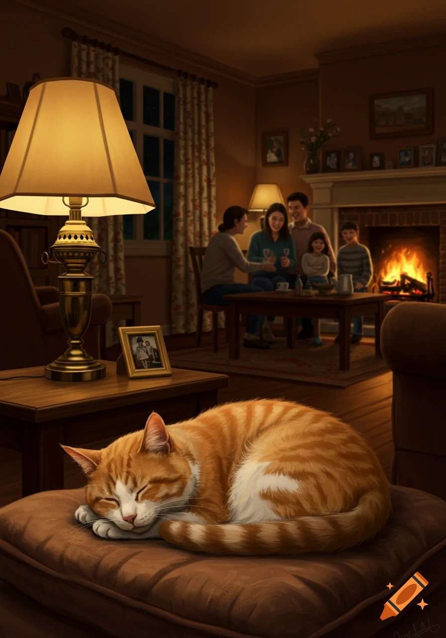 An orange and white cat sleeps on a cushion in a cozy living room, with a family gathered by a fireplace in the background.