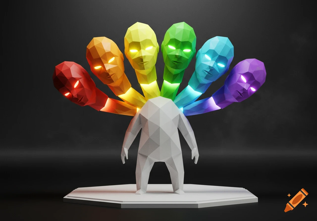 A low poly 3D model of a white figure with seven glowing-eyed heads in rainbow colors: red, orange, yellow, green, blue, and purple.