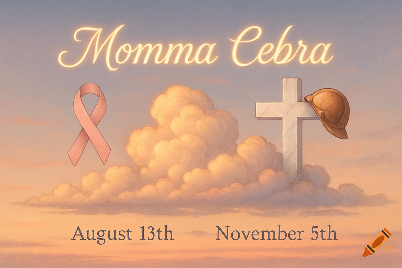 Digital illustration of 'Momma Cebra' text in a cloudy sky with a pink ribbon, a cross with a hardhat, and dates August 13th & November 5th.