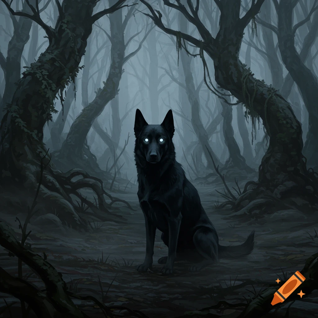 A black dog with glowing white eyes sits in a dark, misty, gnarled forest in a digital art style.