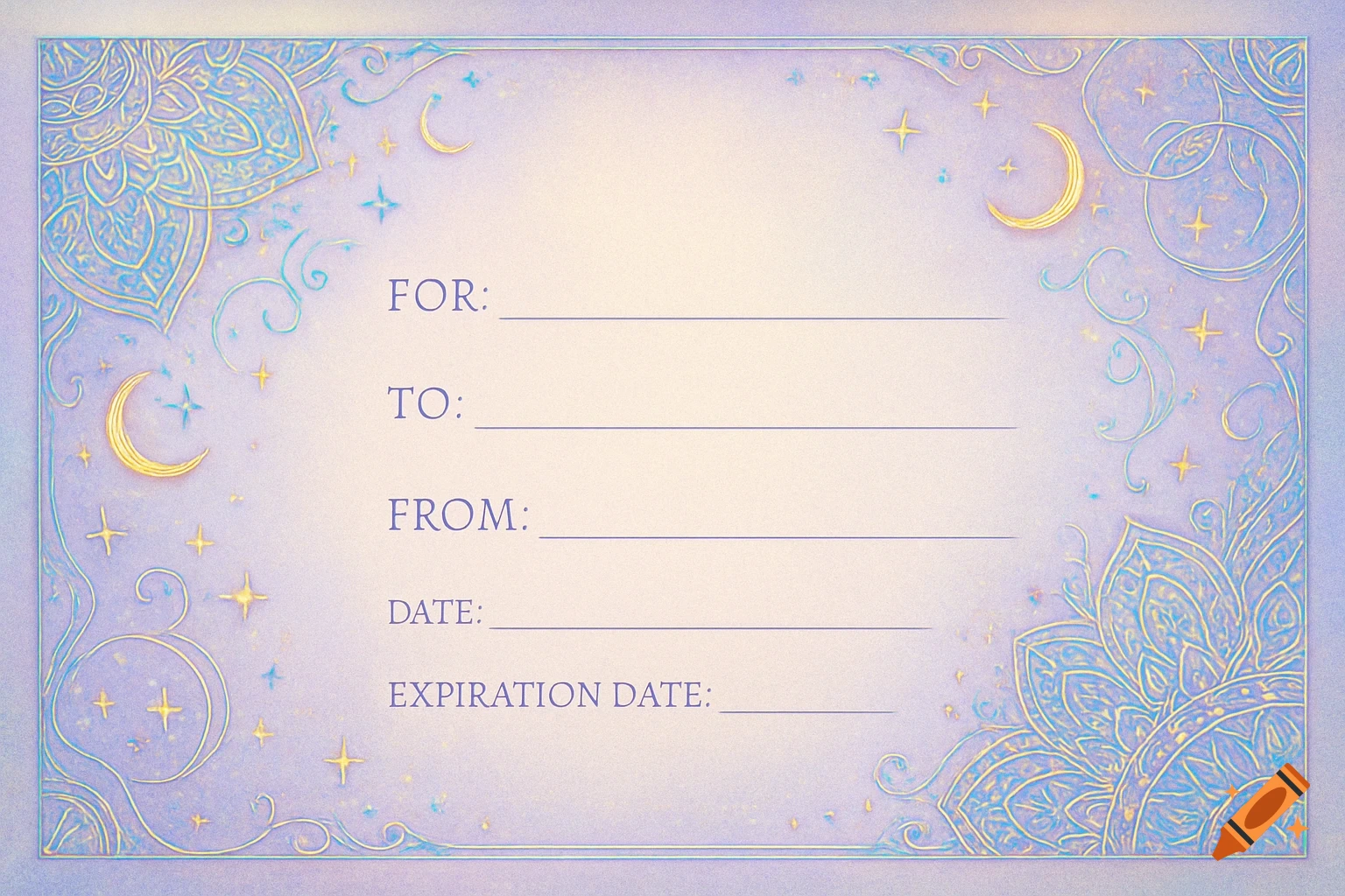 Light purple and blue gift voucher template with golden crescent moons and stars, ornate celestial patterns, and blank lines.