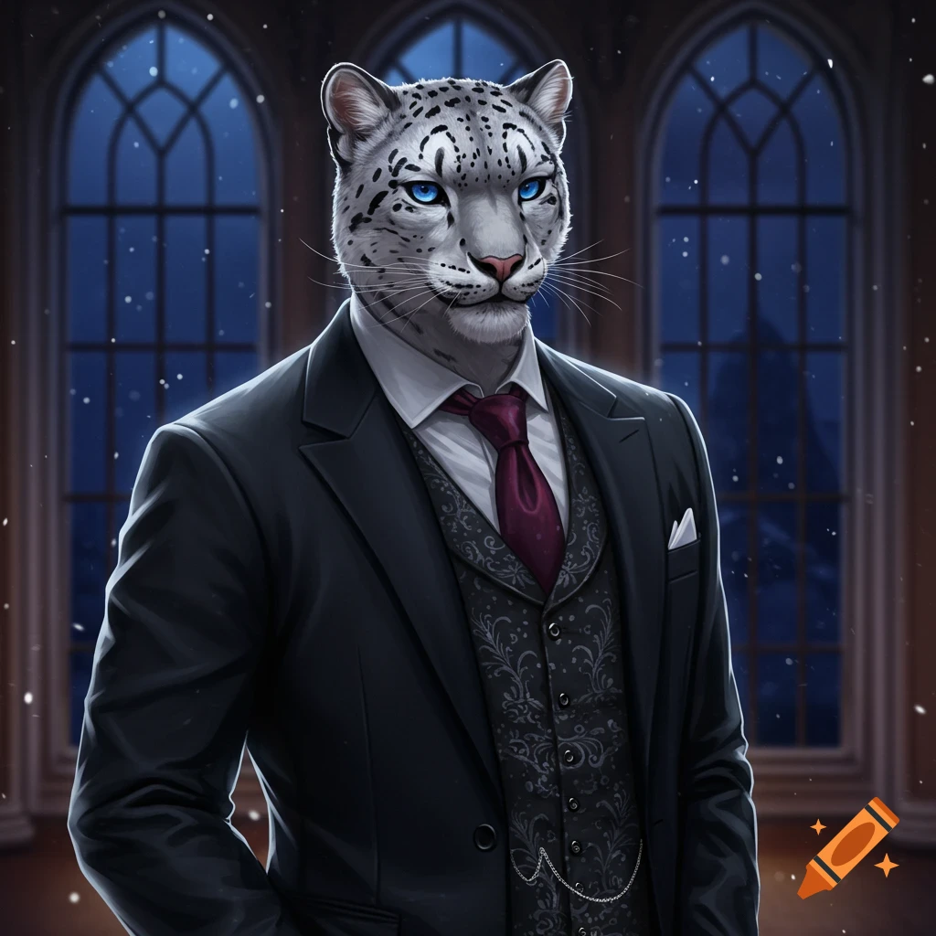 A detailed portrait of an anthropomorphic snow leopard in a black suit, maroon tie, and patterned waistcoat, standing before gothic windows with falling snow.